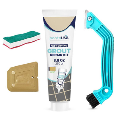 PentaUSA Grout Reviver Set, ReadyMix with Sponge, Rake, Floater, Grout repair, Revives Bathroom, Kitchen, Floor Tiles (Beige)