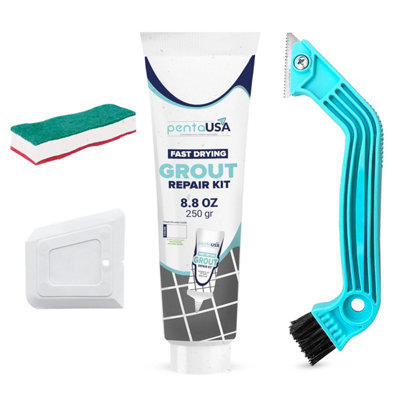 PentaUSA Grout Reviver Set, ReadyMix with Sponge, Rake, Floater, Grout repair, Revives Bathroom, Kitchen, Floor Tiles (White)