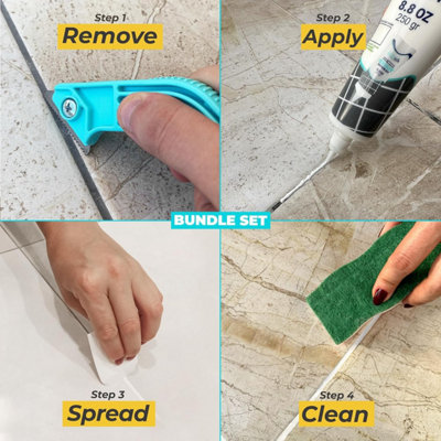 PentaUSA Grout Reviver Set, ReadyMix with Sponge, Rake, Floater, Grout repair, Revives Bathroom, Kitchen, Floor Tiles (White)