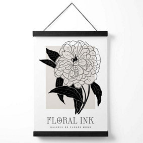 Peony Black and Beige Floral Ink Sketch Medium Poster with Black Hanger