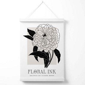 Peony Black and Beige Floral Ink Sketch Poster with Hanger / 33cm / White