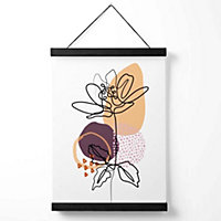 Peony Floral Line Art with Boho Purple and Orange Shapes Medium Poster with Black Hanger