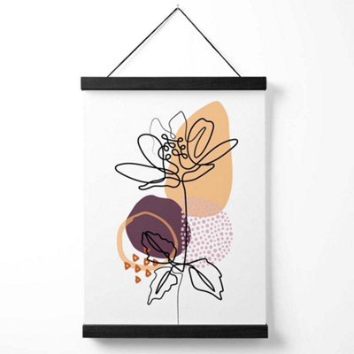 Peony Floral Line Art with Boho Purple and Orange Shapes Medium Poster with Black Hanger