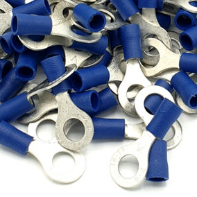 PEPTE 100pcs Blue Insulated Crimp Ring Terminals 6.4mm Stud Size Connectors
