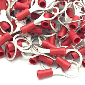 PEPTE 100pcs Red Insulated Crimp Ring Terminals 10.5mm Stud Size Connectors