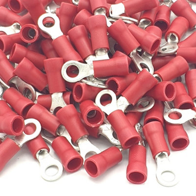 PEPTE 100pcs Red Insulated Crimp Ring Terminals 3.7mm Stud Size Connectors