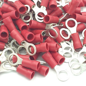 PEPTE 100pcs Red Insulated Crimp Ring Terminals 5.3mm Stud Size Connectors