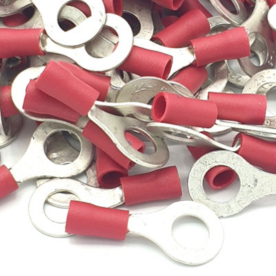 PEPTE 100pcs Red Insulated Crimp Ring Terminals 6.4mm Stud Size Connectors