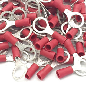 PEPTE 100pcs Red Insulated Crimp Ring Terminals 8.4mm Stud Size Connectors