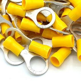 PEPTE 100pcs Yellow Insulated Crimp Ring Terminals 13mm Stud Size Connectors