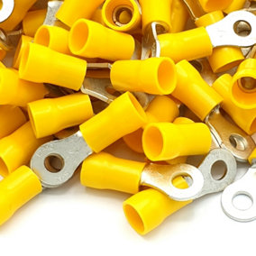 PEPTE 100pcs Yellow Insulated Crimp Ring Terminals 5.3mm Stud Size Connectors