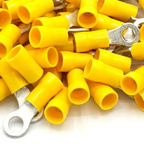 PEPTE 100pcs Yellow Insulated Crimp Ring Terminals 6.4mm Stud Size Connectors