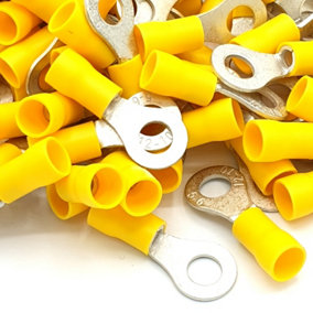 PEPTE 100pcs Yellow Insulated Crimp Ring Terminals 8.4mm Stud Size Connectors