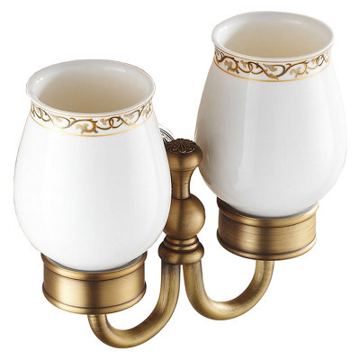 PEPTE Antique Brass Bathroom Ceramics Double Toothbrush Tumbler Holder Wall Mounted