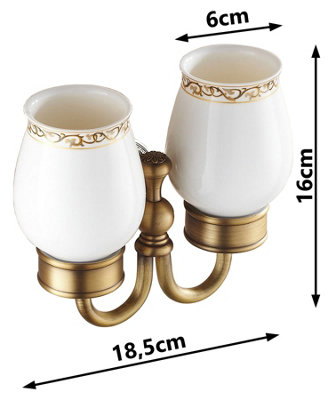 PEPTE Antique Brass Bathroom Ceramics Double Toothbrush Tumbler Holder Wall Mounted - 3