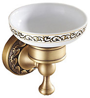 PEPTE Antique Brass Bathroom Sink Soap Dish with Wall Mounted Ceramics Plate