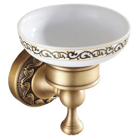 PEPTE Antique Brass Bathroom Sink Soap Dish with Wall Mounted Ceramics Plate