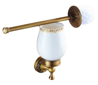 PEPTE Antique Brass WC Toilet Cleaning Brush + Wall Mounted Holder with Ceramics Cup