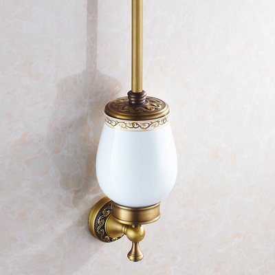 PEPTE Antique Brass WC Toilet Cleaning Brush + Wall Mounted Holder with Ceramics Cup