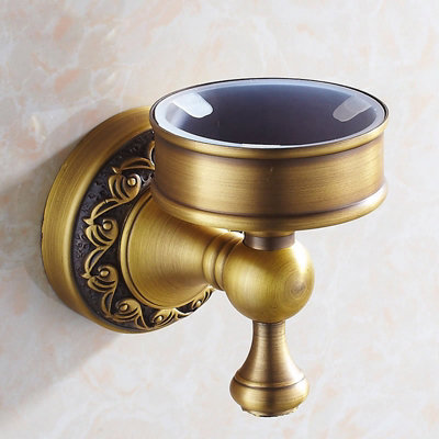 PEPTE Antique Brass WC Toilet Cleaning Brush + Wall Mounted Holder with Ceramics Cup - 3