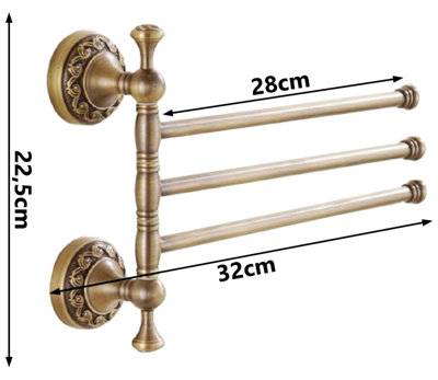 PEPTE Bathroom Rotatable Towel Bar Triple Straight Rail 3-tier Hanger Antique Brass