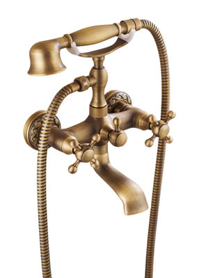 PEPTE Retro Brushed Bathroom Bath Filler Mixer Tap Wall Mounted Antique Brass