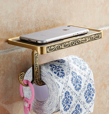 PEPTE Toilet Roll Holder with Phone Shelf Wall Mounted High Quality Antique Brass - 3