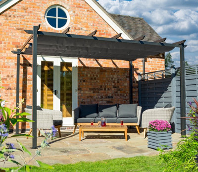 A pergola framing an outdoor living room with a cosy sofa, armchairs, and a stylish coffee table, creating a seamless transition from indoors to outdoors.