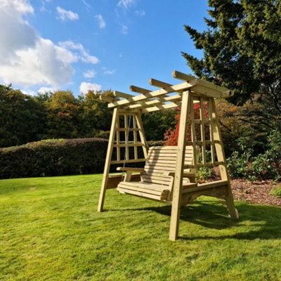 Pergola with clearance swing seat