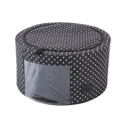Periea 'Abby' Round Home Storage Boxes with Zip Lids, Front Window & Folding Steel Frame - Black with White Polka Dots - Large