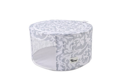 Periea 'Abby' Round Home Storage Boxes with Zip Lids, Front Window & Folding Steel Frame - Grey Damask - Medium