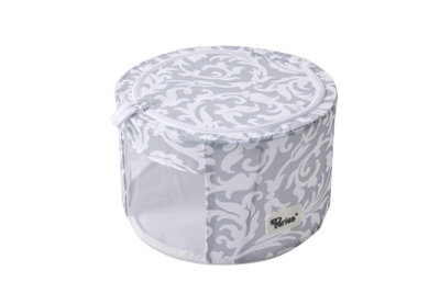 Periea 'Abby' Round Home Storage Boxes with Zip Lids, Front Window & Folding Steel Frame - Grey Damask - Small