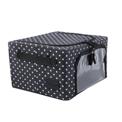 Periea Beau Folding Collapsible Stackable Fabric Home Storage Boxes with Steel Frames - Black with White Polka Dots - Compact