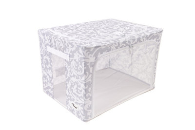 Periea Beau Folding Collapsible Stackable Fabric Home Storage Boxes with Steel Frames - Grey Damask - Large