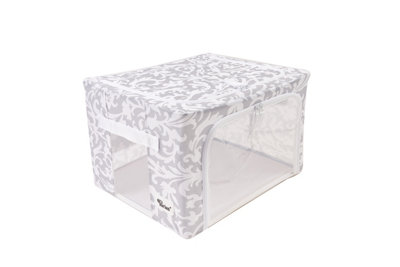 Periea Beau Folding Collapsible Stackable Fabric Home Storage Boxes with Steel Frames - Grey Damask - Small