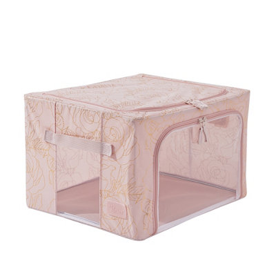 Periea Beau Folding Collapsible Stackable Fabric Home Storage Boxes with Steel Frames - Metallic Floral Blush - Small