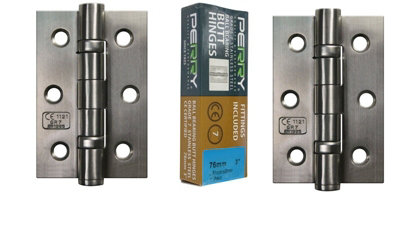 PERRY SATIN 75mm Stainless Steel Ball Bearing Butt Hinges - Grade 7 CE Marked
