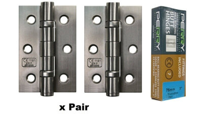 PERRY SATIN 75mm Stainless Steel Ball Bearing Butt Hinges - Grade 7 CE Marked