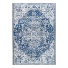 Persian Blue Rug, Floral Rug, Geometric Rug, Easy to Clean Rug, Traditional Rug for Bedroom, & DiningRoom-80cm X 150cm