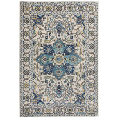 Persian Blue Traditional Easy to Clean Floral Rug For Dining Room -120cm X 170cm