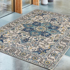Persian Blue Traditional Easy to Clean Floral Rug For Dining Room -120cm X 170cm