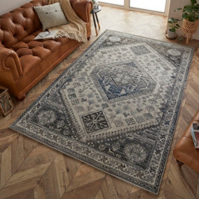 Persian Bordered Easy to Clean Blue Geometric Traditional Rug for Dining Room-120cm X 170cm
