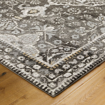 Persian Bordered Floral Easy to Clean Charcoal Traditional Rug for Dining Room-160cm X 230cm - 4