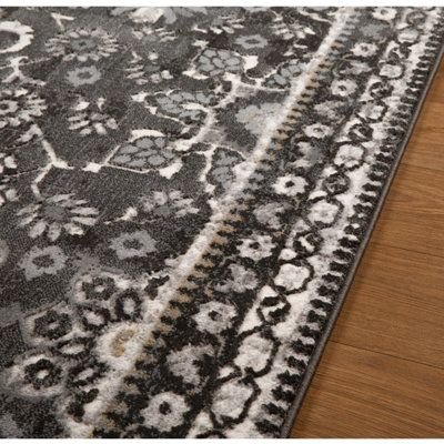 Persian Bordered Floral Easy to Clean Charcoal Traditional Rug for Dining Room-160cm X 230cm - 5
