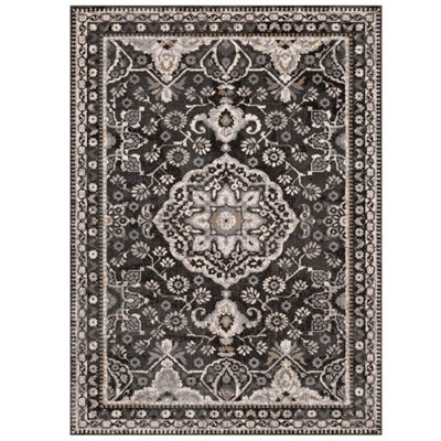 Persian Bordered Floral Easy to Clean Charcoal Traditional Rug for Dining Room-160cm X 230cm - 7