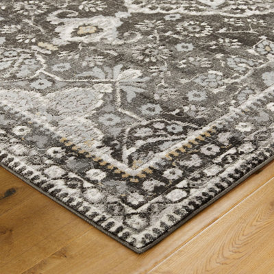 Persian Bordered Floral Easy to Clean Charcoal Traditional Rug for Dining Room-200cm X 285cm