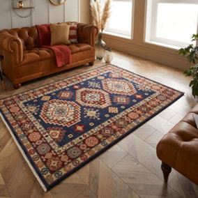 Persian Bordered Geometric Easy to Clean Navy Traditional Rug for Living Room Bedroom & Dining Room-80cm X 150cm