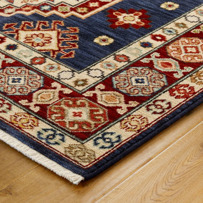 Persian Bordered Geometric Easy to Clean Navy Traditional Rug for Living Room Bedroom & Dining Room-80cm X 150cm