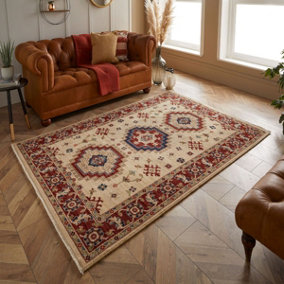 Persian Cream Traditional Easy to Clean Geometric Bordered Wool Rug for Living Room & Bedroom-120cm X 180cm