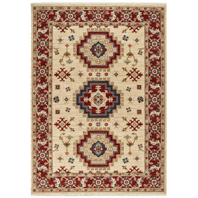 Persian Cream Traditional Easy to Clean Geometric Bordered Wool Rug for Living Room & Bedroom-240cm X 340cm